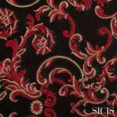 Sicis Thethys fabric swatch, red and gold floral pattern, woven texture with baroque scroll motifs, dark gray background.