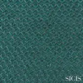 Geometric textile sample in sage green features interconnected triangles with gray threads, displaying “SICIS trigono vitreo” branding.