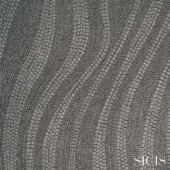 Sicis fabric sample, platinum gray mosaic tile, diagonal wave pattern with metallic tesserae and granular texture.