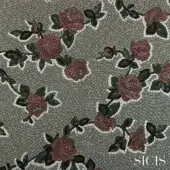 Mosaic tile pattern with red and burgundy roses, green foliage, gray tesserae background, white scalloped border, and “SICIS” logo.