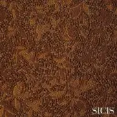 Sicis Zaira fabric, bronze mosaic tile pattern, swirling organic texture with golden and muted brown shades, subtle brand lettering.