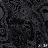 Sicis Agata Black fabric texture displays swirling agate patterns in black and dark gray, featuring concentric rings and a velvety surface.