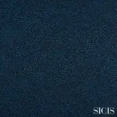Blue mosaic tile pattern with concentric circles, dark grout, and a swirling wave effect; SICIS brand name in lower right corner.