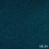 Teal and dark gray textile pattern with concentric circular mosaic tiles, featuring “SICIS astrea gasoline” branding, woven texture.
