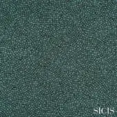 Sicis Astrea fabric, teal and dark gray, repeating concentric circles of rectangular tessellations with a granular woven texture.