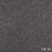 Gray mosaic textile pattern, “Astrea Iron” by Sicis, features interlocking square tesserae in swirling wave motif with a stone-like texture.