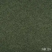 Olive green Sicis Astrea fabric with concentric square patterns, white lines, and a granular texture against a dark green backdrop.