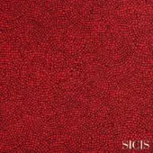 Sicis Astrea fabric, red mosaic pattern with concentric circles, granular texture, and white SICIS logo detail in the corner.