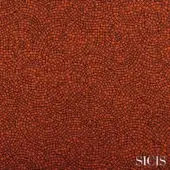 Astrea tile fabric pattern, orange terracotta shades, concentric swirling circles with granular texture, SICIS brand detail.
