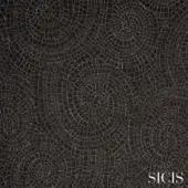 Sicis fabric texture, black and gray radial pattern, concentric circles with granular surface and white brand script.
