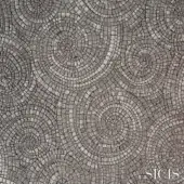 Circular grayscale mosaic texture with metallic sheen, displaying “SICIS” branding and “fancy platinum” fabric detail against a white backdrop.