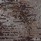 Sicis Numen beige mosaic fabric with square tesserae in brown, gray, and beige tones, displaying an abstract organic pattern and brand text.