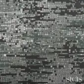 Sicis Numen fabric panel, green and gray mosaic tiles, abstract foliage pattern with textured, pixelated surface and brand logo.