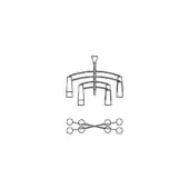 Chandelier line drawing, steel finish, vertical rod with curved arch supporting four rectangular elements and crossed circular rings.