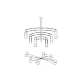 Chandelier line drawing, black on white, tiered arms with rectangular blocks, and secondary radial design with circular elements.