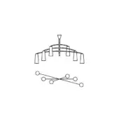 Chandelier line drawing, metal construction, eight conical shades suspended from a horizontal bar with asymmetrical arm arrangement and wiring schematic below.