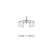 Chandelier schematic, metal line drawing, vertical rod with four curved arms and cone shades, circular base, control panel detail.