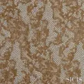 Sicis Samarcanda bronze fabric sample with repeating scale medallions, beige textured background, woven geometric pattern, subtle sheen.