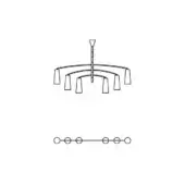 Chandelier, matte black metal, six curved arms with conical shades, over wiring diagram schematic with circular nodes and lines.