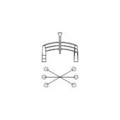 Chandelier line drawing, metal construction, arched form with central rod and triangular finial, snowflake geometric design below.