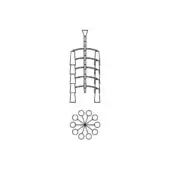 Chandelier line drawing, metal, tiered circular frames spiral down from a central rod, with radiating lines below showing light distribution.