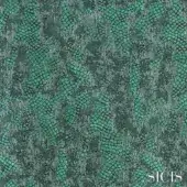 Sicis Samarcanda fabric, jade green and charcoal gray, displays an intricate repeating pattern with a raised, textured weave.