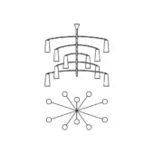 Chandelier line drawing, black metal frame, tiered conical shades, with radial diagram showing light arrangement on white background.