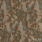 Sicis Samarcanda fabric sample in petrol blue features a dense, circular mosaic pattern with brown and beige accents, textured weave.