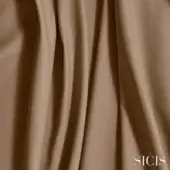 Leather sample, coral colored, vertically draped; matte finish with sheen, showcasing texture and fluidity; SICIS brand detail visible.