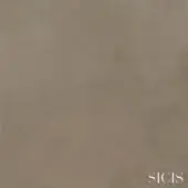 SICIS tile sample, matte taupe finish, textured surface resembling distressed leather, with brand name and collection details.