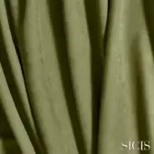 Sicis leather Vermont Moss, textured matte surface with vertical folds, earthy green tone, dark gray background, white logo detail.