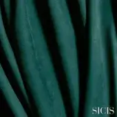 Leather sample in teal green, exhibiting textured folds and a pebbled grain, with “SICIS” branding and “Vermont petroleum” product details.