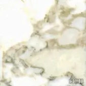 Calacatta Gold Marmo texture with white background, gold and beige veins, polished finish, and SICIS green logo.