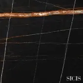 Nero Aziz Marmo marble texture with black background, orange-gold and white veins, polished sheen, and SICIS branding detail.