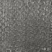 Sicis peltro mosaico liquid metal texture, dark gray irregular shapes, matte granular finish, brand logo detail.