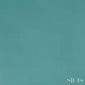 Sicis Glauco velvet texture sample, muted teal, directional nap, matte finish, with logo detail in lower right corner.