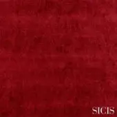 Sicis Elios Velvet fabric in cardinal red displays a short pile, matte texture with tonal variations and a white brand name.