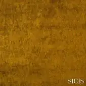 Mustard yellow velvet fabric sample with mottled texture, dense weave, and matte finish; features “SICIS” branding and color name “elios mustard”.
