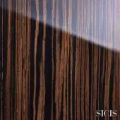 Macassar ebony wood texture with vertical stripes, glossy black and brown tones, high-gloss finish, SICIS branding.