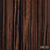 Wood veneer texture, dark brown with vertical stripes, matte finish; SICIS branding displays “wood matt” and material details.
