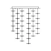 Exagon suspension lamp, metallic rods, twelve-tier chandelier with circular accents, conical arrangement, modern geometric design.