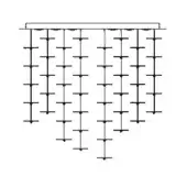 Exagon suspension lamp schematic, black lines, triangular arrangement of slender rods with circular discs, technical illustration.