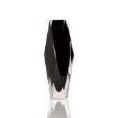 Crystal award, black core, faceted geometric shape, white background, light refraction, pointed apex, glossy reflection, polished base.