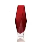 Red glass vase, faceted design, geometric form, clear base, polished surface, vertical emphasis, bright lighting, white background.