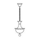 Fanali Veneziani suspension lamp, black and white line drawing, scalloped shade, ornate neck, chain suspension, circular mount.