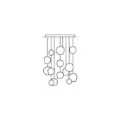 Hanami suspension lamp, line drawing, rectangular bar with cascading slender rods suspending organic petal-like forms, minimalist design.