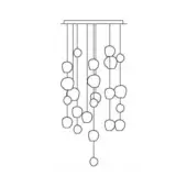 Hanami suspension lamp, metal, minimalist design with multiple descending rods supporting clustered, pebble-like organic forms.