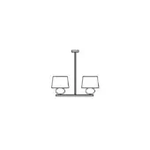 Matrioska suspension lamp, black line drawing, two square lampshades on rectangular bar suspended from vertical rod.