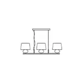 Matrioska suspension lamp, black line drawing, rectangular mount with three conical lampshades on vertical cords, minimalist geometric design.