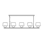 Matrioska suspension lamp black and white drawing, rectangular bar with five square lampshades on circular bases, single cable suspension.